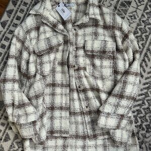 Cezele Brown and Cream Plaid Brushed Tweed Button-Up